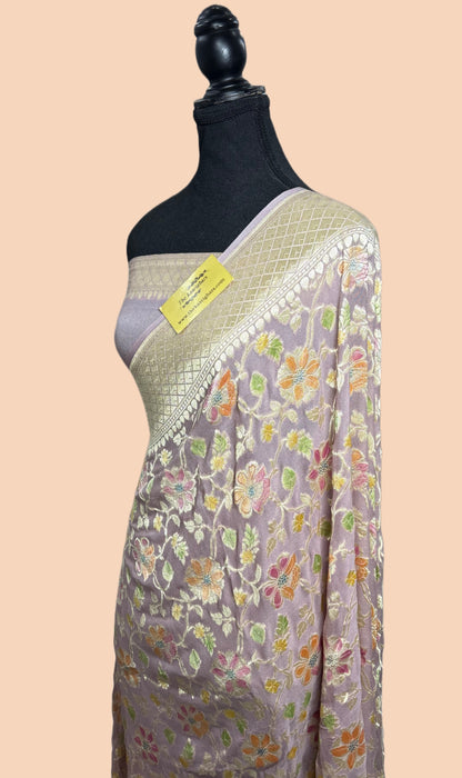 Pearl Khaddi Georgette Banarasi Handloom Saree - Hand Meenakari