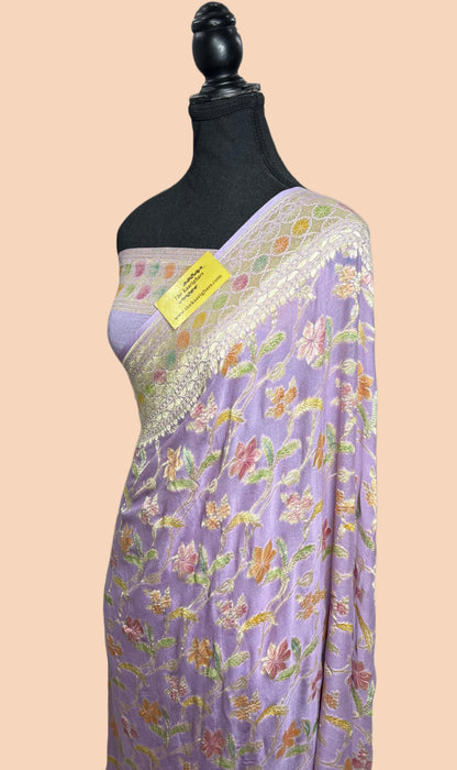 Italian Lavender Khaddi Georgette Banarasi Handloom Saree - Hand Meenakari
