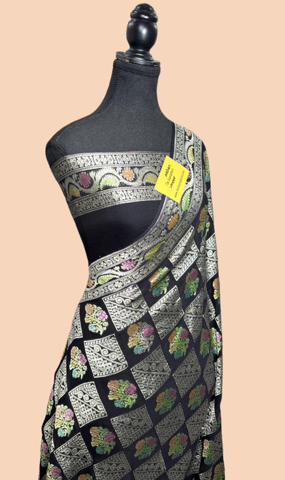 Black Khaddi Georgette Banarasi Handloom Saree - Hand Meenakari