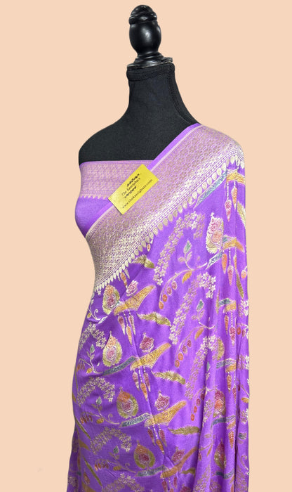 Spanish Lavender Khaddi Georgette Banarasi Handloom Saree - Hand Meenakari