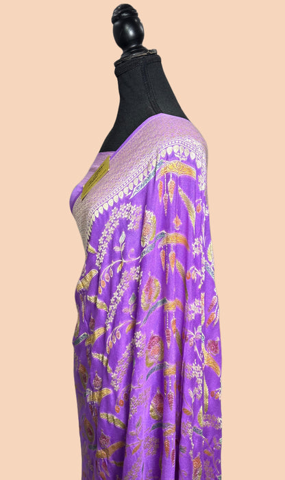 Spanish Lavender Khaddi Georgette Banarasi Handloom Saree - Hand Meenakari