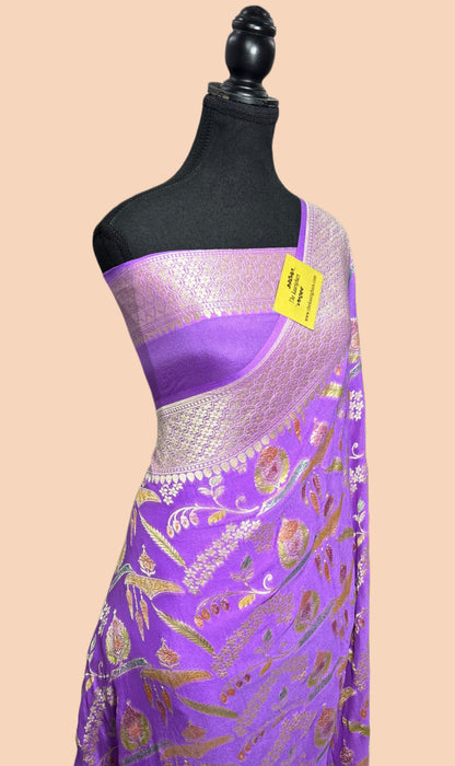 Spanish Lavender Khaddi Georgette Banarasi Handloom Saree - Hand Meenakari
