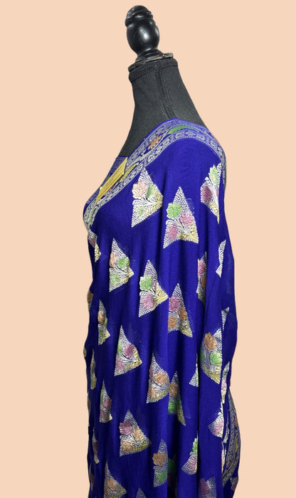 Spanish Navy Khaddi Georgette Banarasi Handloom Saree - Hand Meenakari