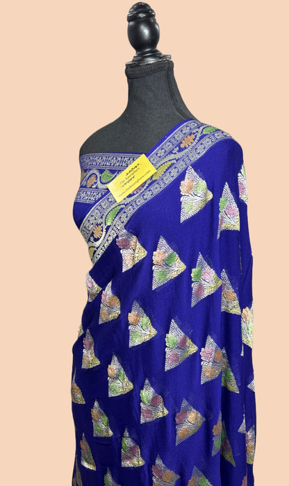 Spanish Navy Khaddi Georgette Banarasi Handloom Saree - Hand Meenakari