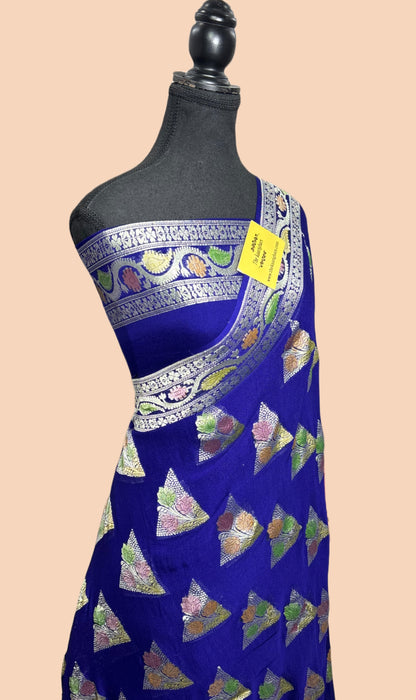 Spanish Navy Khaddi Georgette Banarasi Handloom Saree - Hand Meenakari