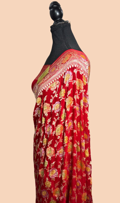 Red Khaddi Georgette Banarasi Handloom Saree - Hand Meenakari