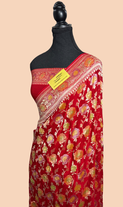 Red Khaddi Georgette Banarasi Handloom Saree - Hand Meenakari