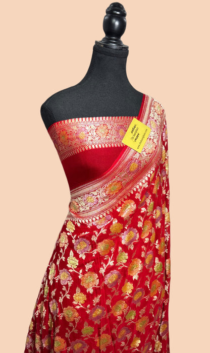 Red Khaddi Georgette Banarasi Handloom Saree - Hand Meenakari
