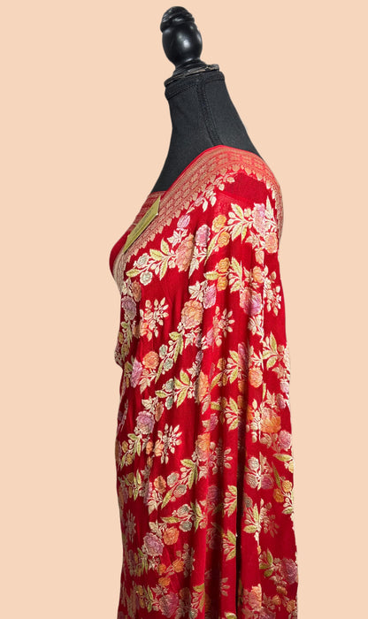 Red Khaddi Georgette Banarasi Handloom Saree - Hand Meenakari