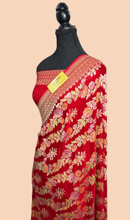 Red Khaddi Georgette Banarasi Handloom Saree - Hand Meenakari