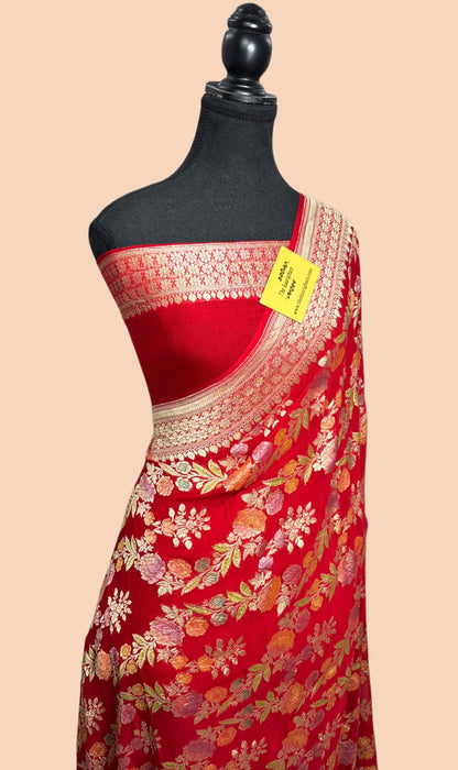 Red Khaddi Georgette Banarasi Handloom Saree - Hand Meenakari