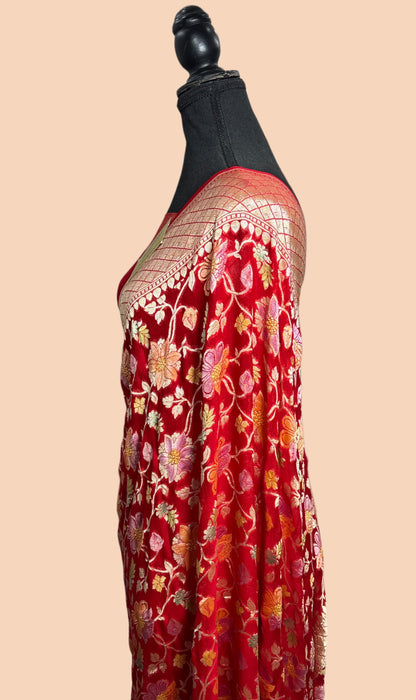 Red Khaddi Georgette Banarasi Handloom Saree - Hand Meenakari