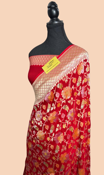 Red Khaddi Georgette Banarasi Handloom Saree - Hand Meenakari