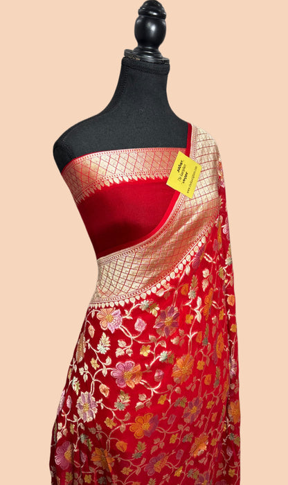 Red Khaddi Georgette Banarasi Handloom Saree - Hand Meenakari