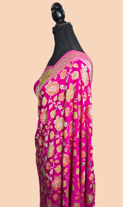 Rani Pure Khaddi Georgette Banarasi Saree - Hand Meenakari Work