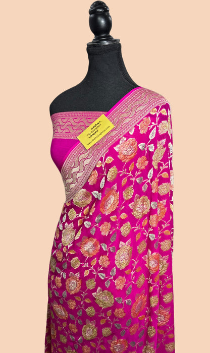 Rani Pure Khaddi Georgette Banarasi Saree - Hand Meenakari Work
