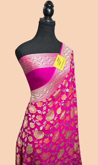 Rani Pure Khaddi Georgette Banarasi Saree - Hand Meenakari Work