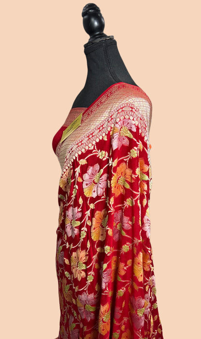Red Khaddi Georgette Banarasi Handloom Saree - Hand Meenakari