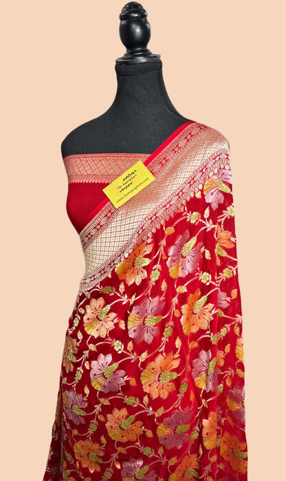 Red Khaddi Georgette Banarasi Handloom Saree - Hand Meenakari