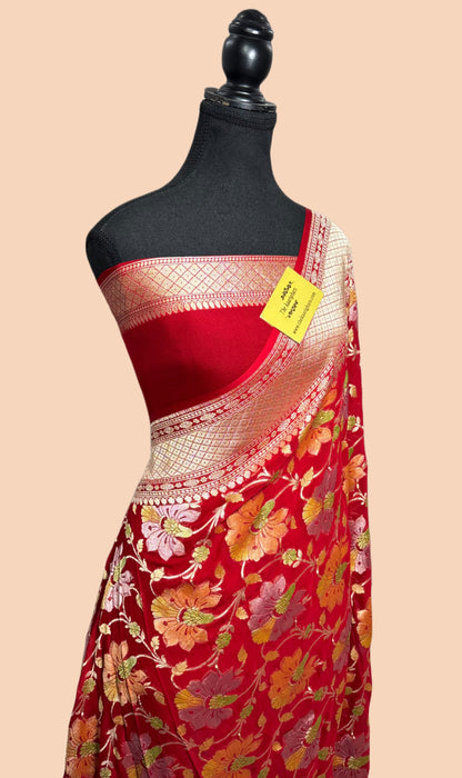 Red Khaddi Georgette Banarasi Handloom Saree - Hand Meenakari