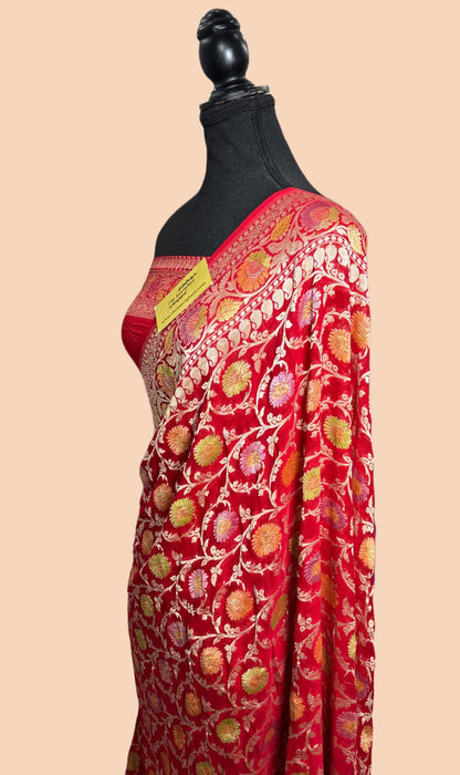 Red Khaddi Georgette Banarasi Handloom Saree - Hand Meenakari