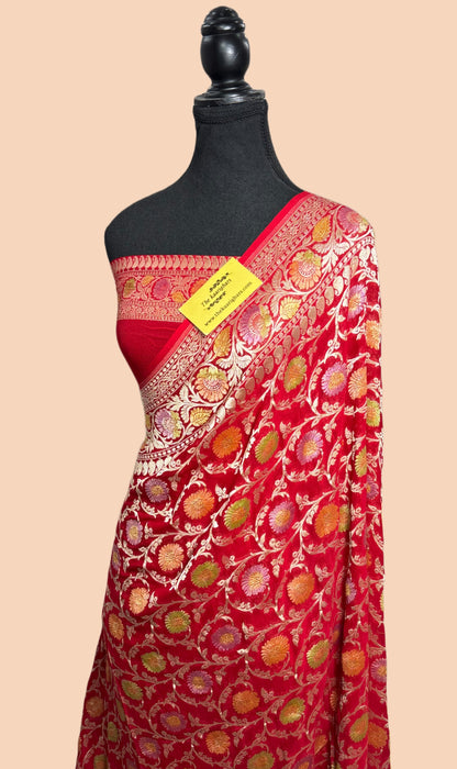 Red Khaddi Georgette Banarasi Handloom Saree - Hand Meenakari