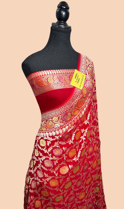 Red Khaddi Georgette Banarasi Handloom Saree - Hand Meenakari