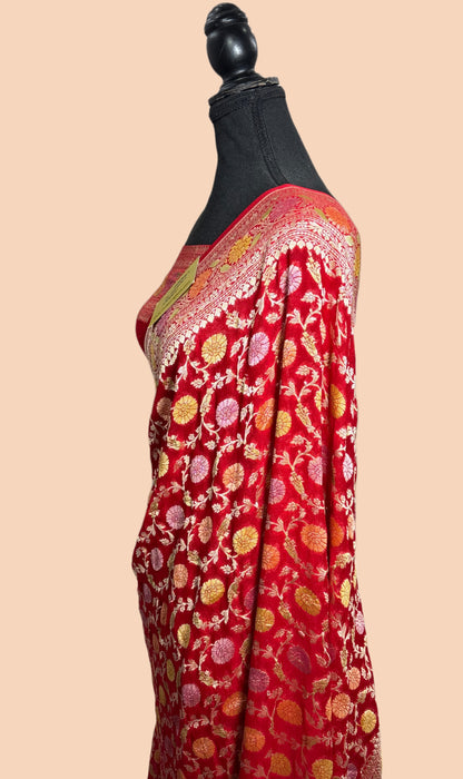 Red Khaddi Georgette Banarasi Handloom Saree - Hand Meenakari