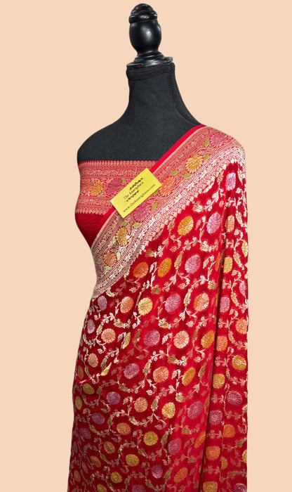 Red Khaddi Georgette Banarasi Handloom Saree - Hand Meenakari