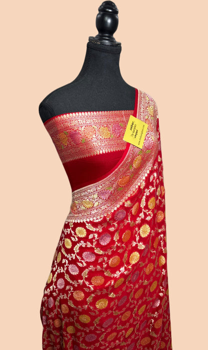 Red Khaddi Georgette Banarasi Handloom Saree - Hand Meenakari