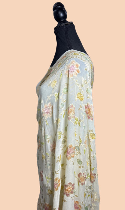 White Khaddi Georgette Banarasi Handloom Saree - Hand Meenakari
