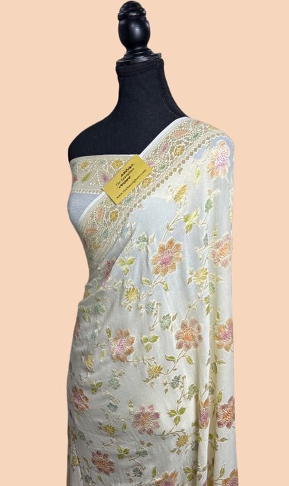 White Khaddi Georgette Banarasi Handloom Saree - Hand Meenakari
