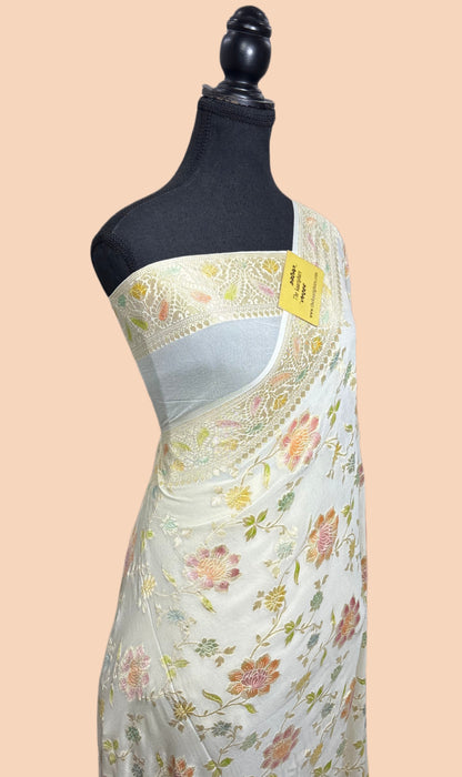 White Khaddi Georgette Banarasi Handloom Saree - Hand Meenakari