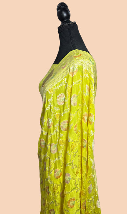 Persian Lemon Khaddi Georgette Banarasi Handloom Saree - Hand Meenakari