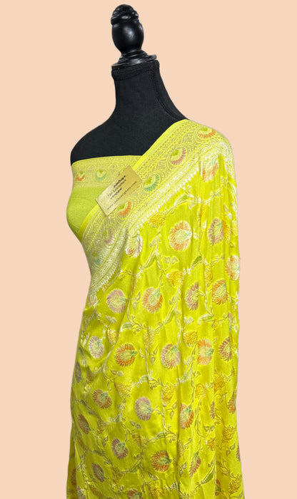 Persian Lemon Khaddi Georgette Banarasi Handloom Saree - Hand Meenakari