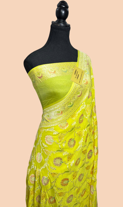Persian Lemon Khaddi Georgette Banarasi Handloom Saree - Hand Meenakari