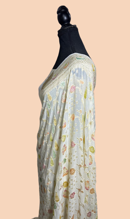 White Khaddi Georgette Banarasi Handloom Saree - Hand Meenakari