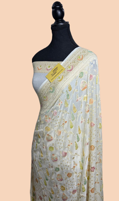 White Khaddi Georgette Banarasi Handloom Saree - Hand Meenakari