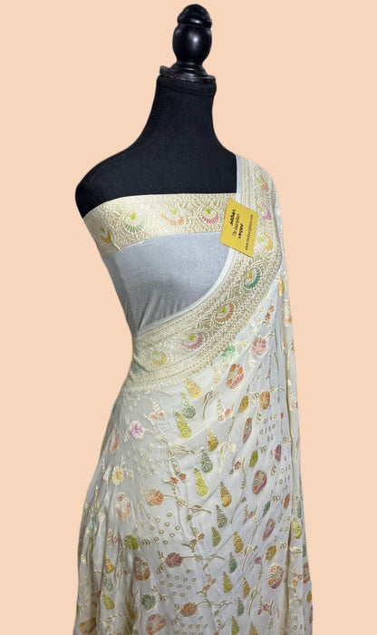 White Khaddi Georgette Banarasi Handloom Saree - Hand Meenakari
