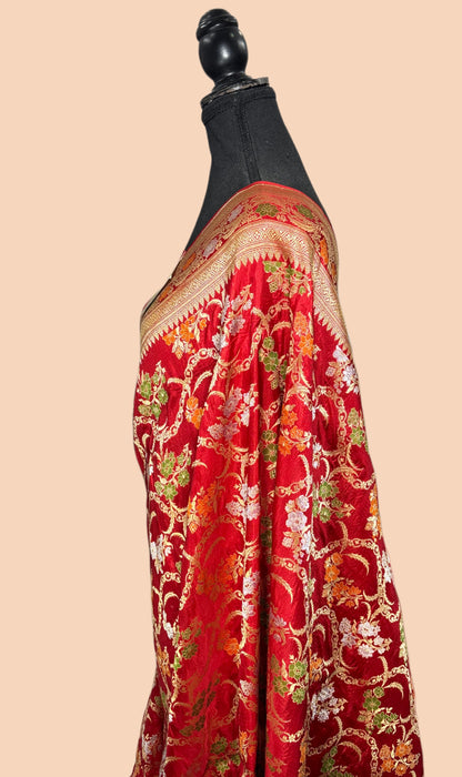 Red Pure Katan Banarasi Handloom Saree - Roopa Meenakari Jaal Work