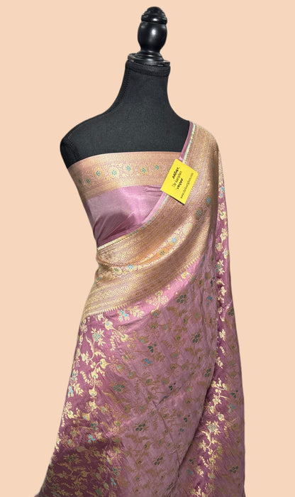 Rose Gold Pure Katan Banarasi Handloom Saree - Meenakari Jaal Work