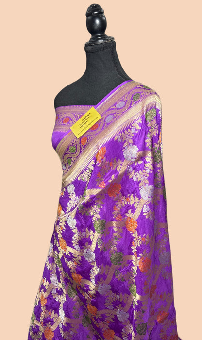 Italian Purple Pure Katan Banarasi Handloom Saree - Roopa Meenakari Jaal Work