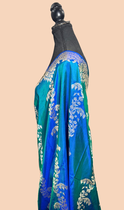 Dual Shade Blue Pure Katan Banarasi Handloom Saree - Sona Roopa Jaal Work