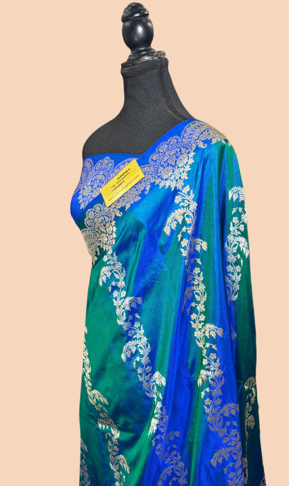Dual Shade Blue Pure Katan Banarasi Handloom Saree - Sona Roopa Jaal Work