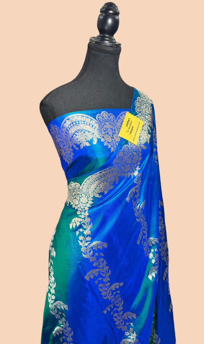 Dual Shade Blue Pure Katan Banarasi Handloom Saree - Sona Roopa Jaal Work