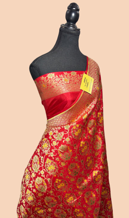 Dirty Red Pure Katan Banarasi Handloom Saree - Meenakari Jaal Work