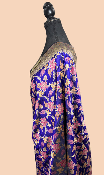 Royal Blue Pure Katan Banarasi Handloom Saree - Meenakari Jaal Work