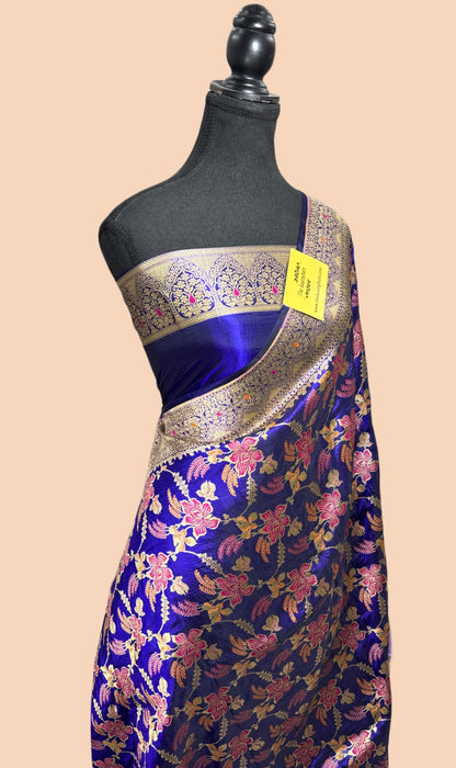 Royal Blue Pure Katan Banarasi Handloom Saree - Meenakari Jaal Work