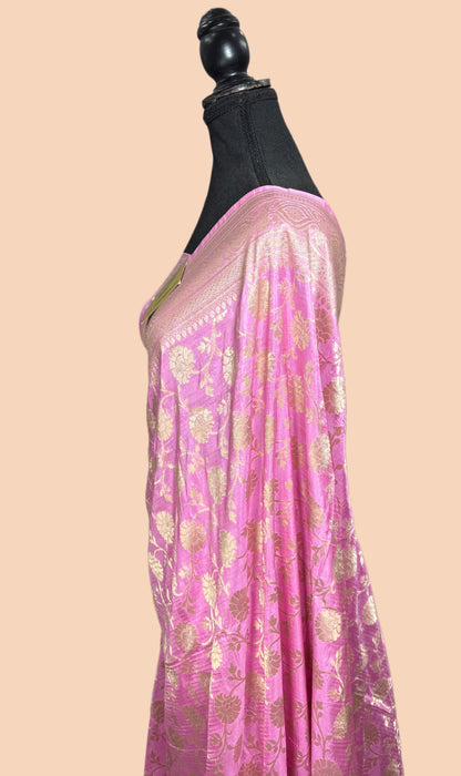 German Pink Pure Katan Silk Banarasi Handloom Saree - Sona Jaal Work