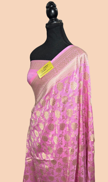 German Pink Pure Katan Silk Banarasi Handloom Saree - Sona Jaal Work